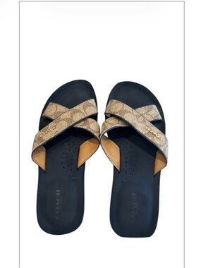 COACH Janine Criss Cross Slide Sandals Khaki Logo Women Size 7